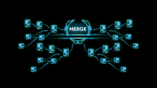 Merging data concept with glowing blue documents and connections on black background merge data merge