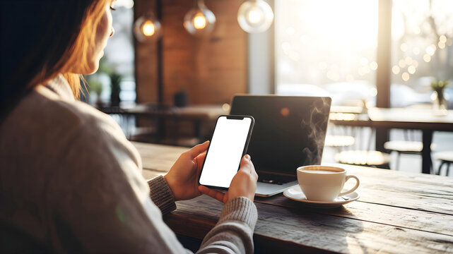 Hand holding mobile phone with blank white mockup screen by woman in sunny cafe interior with laptop and coffee cup, professional aesthetic device for app and website brand display.
 - Powered by Adobe