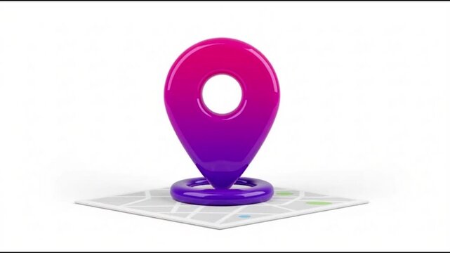 A vibrant purple map pin standing upright on a detailed map viewed from directly above