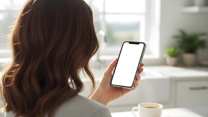 Hand holding mobile phone with blank white mockup screen by woman in bright modern kitchen with coffee cup on table, professional digital device for recipe app and branding display.
