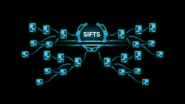 S I F T S Database Schema Network Visualization with Glowing Blue Documents and Connections on Black Background