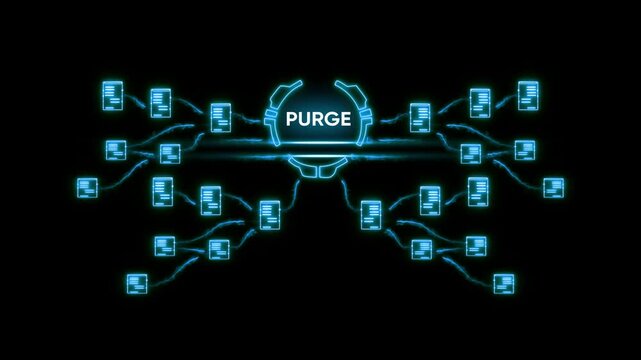Cyberpunk Data Purge Concept with Glowing Blue Documents and P U R G E Sign on Black Background document glowing blue