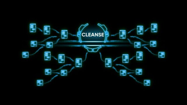 Digital data cleansing concept with glowing blue neon documents and cleanse text on black background