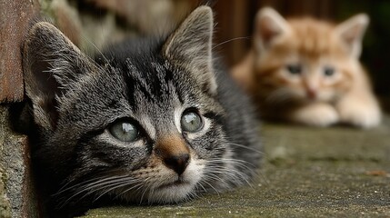 Adorable baby cat and small kitten playing together on soft blanket showing fluffy fur and curious eyes.