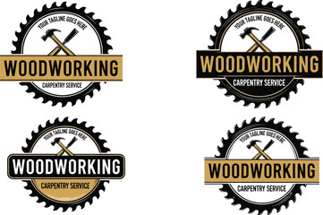 Woodworking carpentry logo collection, circular saw blade badges, crossed tools emblems, vintage professional workshop branding, gold black vector designs, for construction services