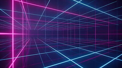 neon pink and blue grid lines intersecting in a dark futuristic tunnel with glowing laser beams