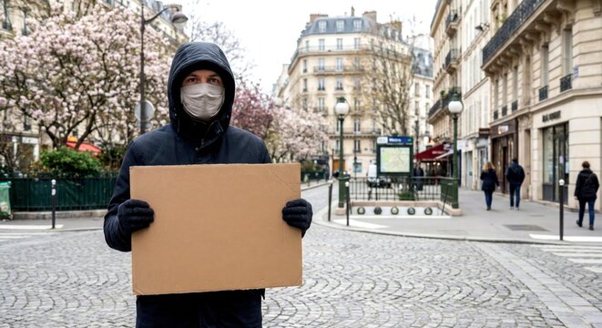 Hooded man wearing face mask shows empty cardboard sign