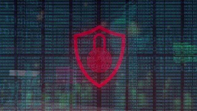 Animation of digital data processing and security icon over black background