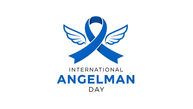 International Angelman Syndrome Awareness Day blue ribbon with wings, global support for rare genetic disorder, epilepsy, developmental disability, children's health, advocacy, hope, community,
