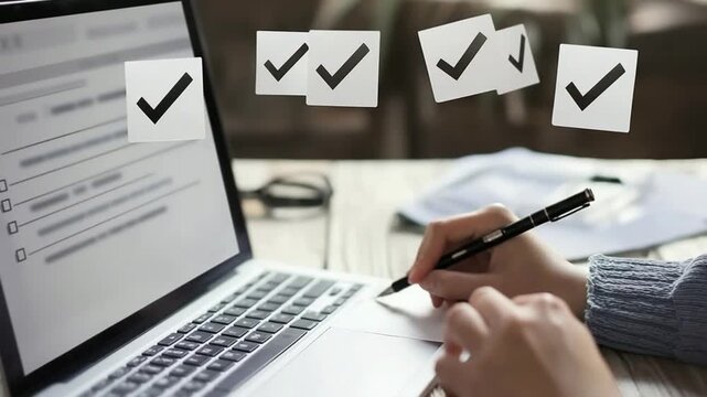 Person using laptop with checklist for task management and organization to-do list productivity
