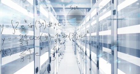 Animation of mathematical equations, infographic interface, illuminated moving bars over server room - Powered by Adobe