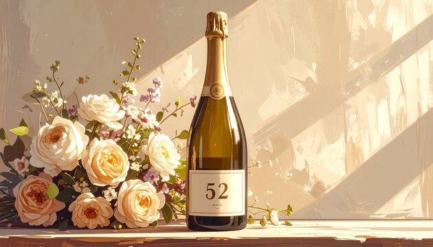 Champagne bottle with number 52 on the label and a bouquet of flowers. Rustic illustration for birthday or anniversary celebration
