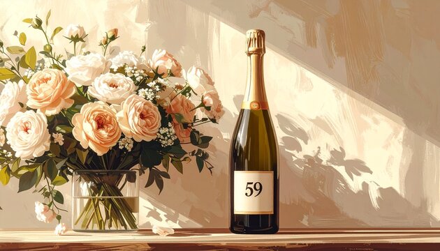 Champagne bottle with number 59 on the label and a bouquet of flowers. Rustic illustration for birthday or anniversary celebration
