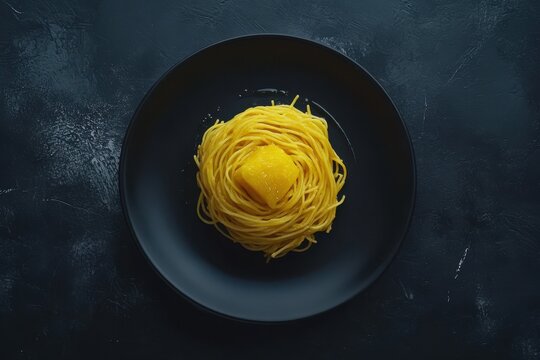 Photo of spaghetti Bolognese on a black plate, on a dark background with copy space, top view, minimal style, in the style of Unsplash photography, wide-angle lens.