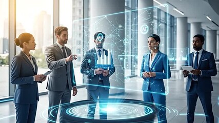 Diverse group of business professionals collaborating around a futuristic holographic projection table in a modern, bright office, discussing data and innovative strategies. - Powered by Adobe