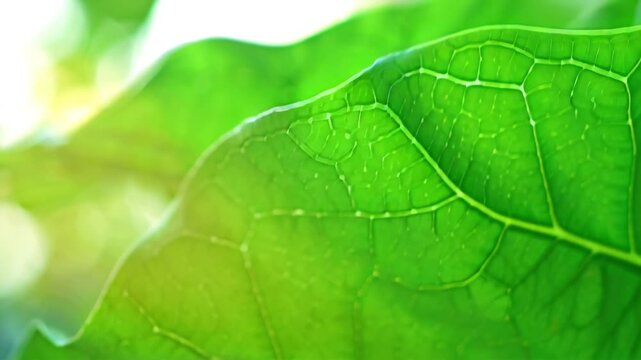 4K cinematic macro video green leaf backlit by morning sunlight veins cellular structure visible, light refracting water droplets motion, dynamic depth of field, glowing translucent patterns