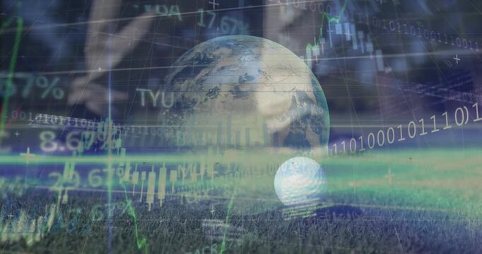Animation of globe, statistics and data processing over legs of male golf player with golf club