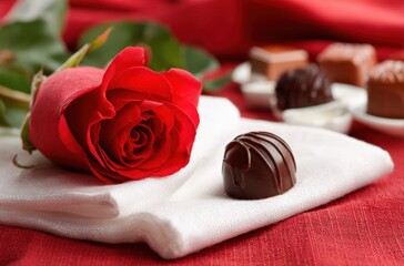 A red rose is placed on a white cloth next to a chocolate truffle