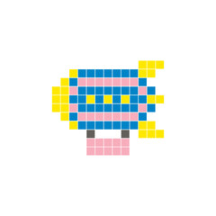A flat pixel design made of geometric square color blocks on a clean icon layout. Pixel art zeppelin © Adpragus
