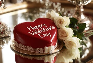 A heart shaped cake with white roses