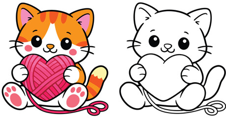 Fototapeta premium Adorable cartoon kitten clutching a pink heart-shaped yarn ball with a coloring book page vector illustration, a humorous cat sitting