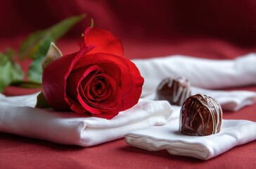 A red rose is placed on a white napkin next to a chocolate truffle