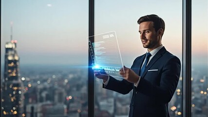 Visionary businessman interacting with a transparent holographic tablet displaying digital data in a modern office with a stunning city skyline at sunset, symbolizing future technology and leadership. - Powered by Adobe