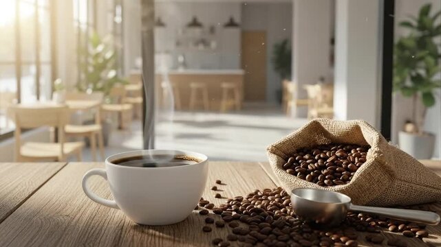 Freshly brewed coffee cup and roasted beans on wooden table