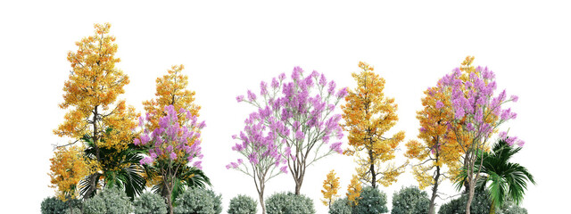 Colorful Blooming 3d Trees with Yellow and Pink Blossoms Against on Transparent Background