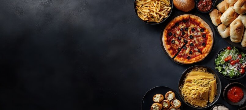 Photo of various Italian dishes and pizza on the table, including pasta with tomato sauce, pizza slices, bread rolls, salad bowl, spaghetti on a plate, French fries, and more food items