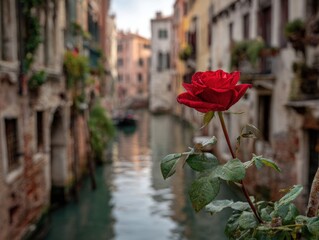 A rose is floating in the water of a canal