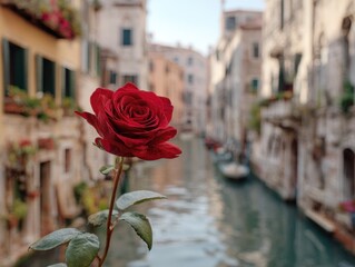 A red rose is floating in a canal
