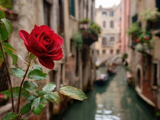 A rose is in a vase on a ledge in a city