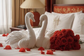 Two white swans are laying on a bed with a bouquet of red roses