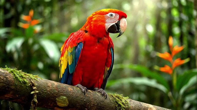 A colorful bird interacting with its natural habitat, perhaps drinking from a dewdrop or foraging on a branch. Observational shot of the bird's natural behavior, emphasizing its connection to the?
