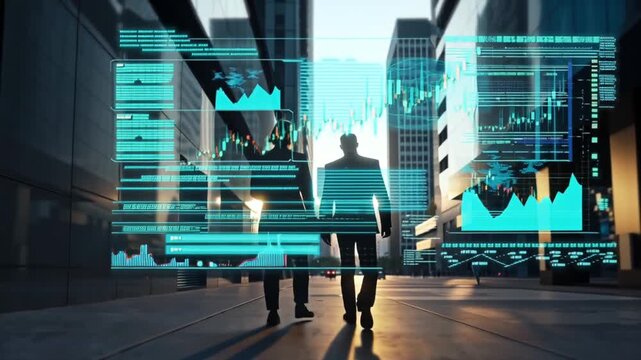 Top-down cinematic 4K drone busy city street, two business professionals walking crowd, glowing trajectories dynamic 3D financial graphs rising along streets, holographic nodes buildings, futuristic