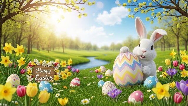 Happy easter greeting with joyful white rabbit holding large decorated egg in sunny green meadow surrounded by colorful tulips daffodils and happy easter sign - Powered by Adobe