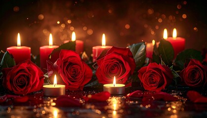 Red roses and lit red candles on reflective surface with dark background and soft ambient glow