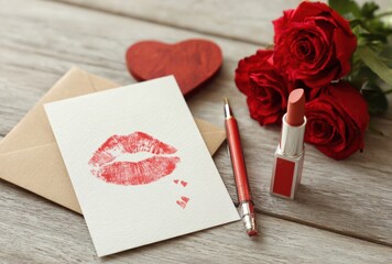 A card with a red heart and a red lip written on it