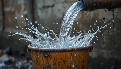 Fresh water pouring from metal pipe into bucket best for sustainability, water supply, and rural life concepts