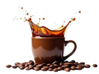 A cup of coffee filled with a splash of coffee beans