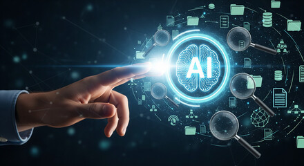 Human hand interacting with futuristic ai brain interface with glowing blue circuits and icons on a dark background with technology and innovation concepts