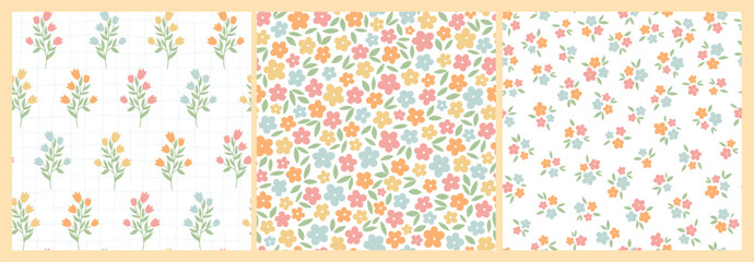 Beautiful collection of calico floral patterns with tiny flowers and leaves for textile prints, wallpaper, backgrounds, wrapping paper, packaging, digital paper, stationery, etc. EPS 10