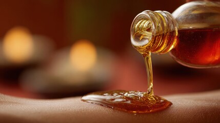 Warm Honey Massage Oil Pouring on Skin in Relaxing Spa Setting