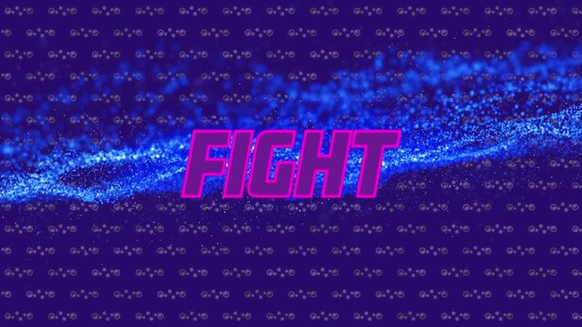 Animation of fight text over blue mesh on purple background