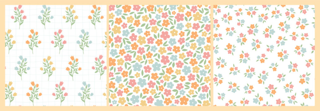 Beautiful collection of calico floral patterns with tiny flowers and leaves for textile prints, wallpaper, backgrounds, wrapping paper, packaging, digital paper, stationery, etc. EPS 10