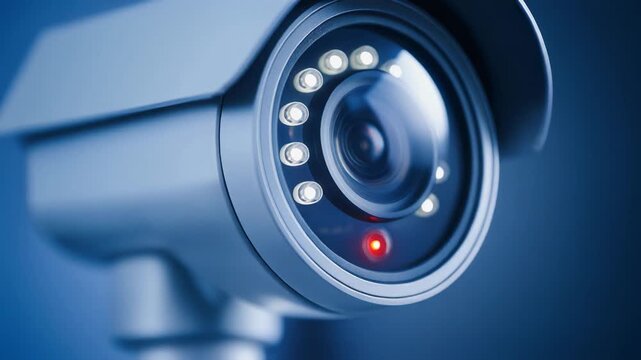 Close-up of a security camera with an active red recording light and illuminated infrared LEDs, indicating constant surveillance