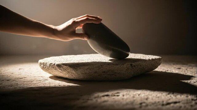 Hand touching stone object on textured surface