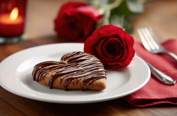 A heart-shaped dessert sits on a white plate next to a red rose
