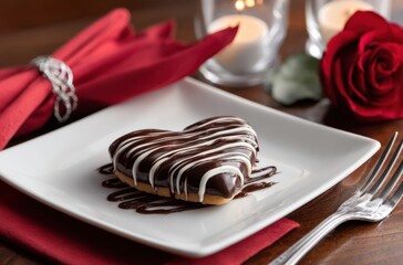 A heart-shaped chocolate dessert sits on a white plate on a table
